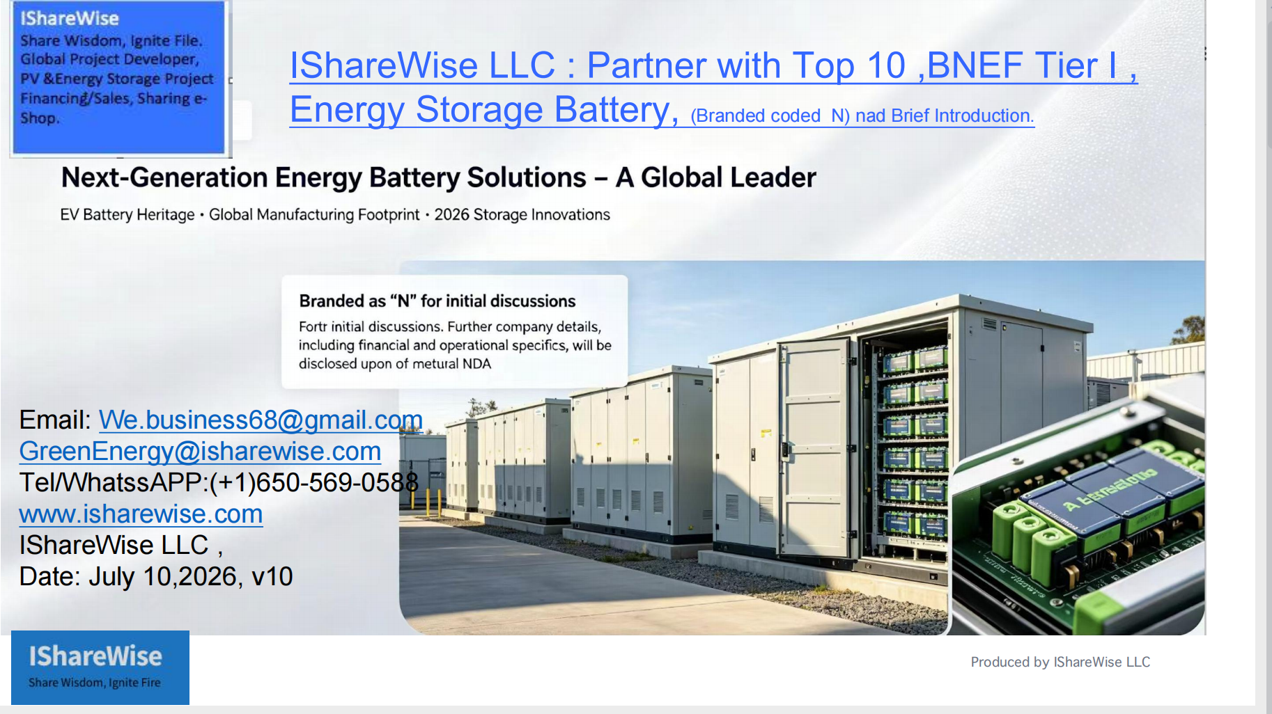 260709 IShareWise LLC : Partner with Top 10 ,BNEF Tier I , Energy Storage Battery, Branded N,